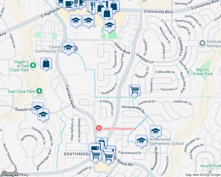 map of restaurants, bars, coffee shops, grocery stores, and more near 10024 Strathfield Lane in Littleton