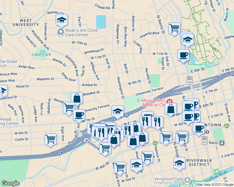 map of restaurants, bars, coffee shops, grocery stores, and more near 810 Whitaker Drive in Reno