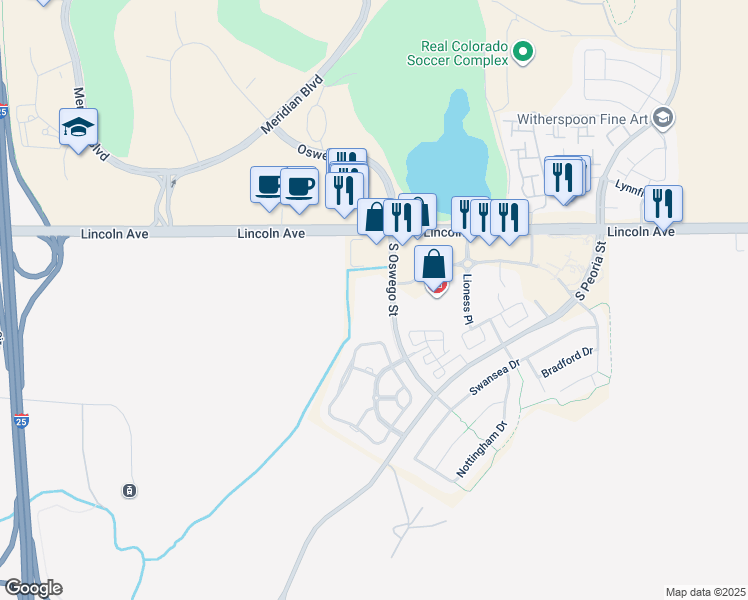 map of restaurants, bars, coffee shops, grocery stores, and more near 10001 South Oswego Street in Parker