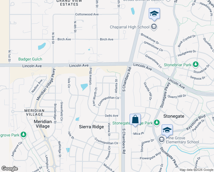 map of restaurants, bars, coffee shops, grocery stores, and more near 10043 Concordia Street in Parker