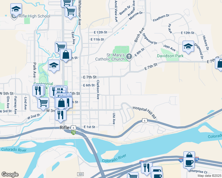 map of restaurants, bars, coffee shops, grocery stores, and more near 534 Jarrad Avenue in Rifle