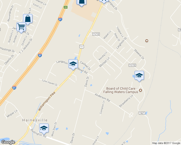 map of restaurants, bars, coffee shops, grocery stores, and more near 168 Casteel Drive in Martinsburg