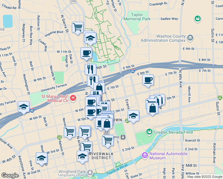 map of restaurants, bars, coffee shops, grocery stores, and more near 652 Lake Street in Reno