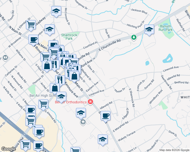 map of restaurants, bars, coffee shops, grocery stores, and more near 414 Giles Street in Bel Air