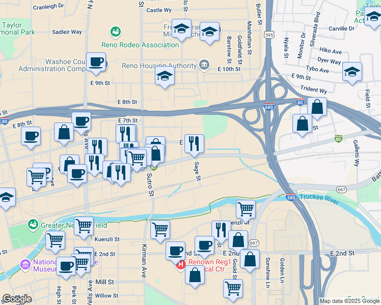 map of restaurants, bars, coffee shops, grocery stores, and more near 1435 East 4th Street in Reno