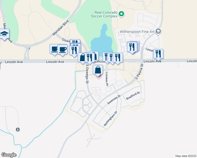 map of restaurants, bars, coffee shops, grocery stores, and more near 11960 Lioness Way in Parker
