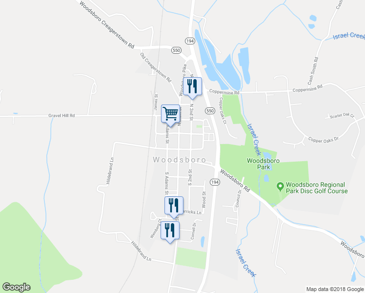 map of restaurants, bars, coffee shops, grocery stores, and more near 14 South Main Street in Woodsboro