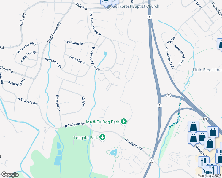 map of restaurants, bars, coffee shops, grocery stores, and more near 1002 Jessicas Court in Bel Air