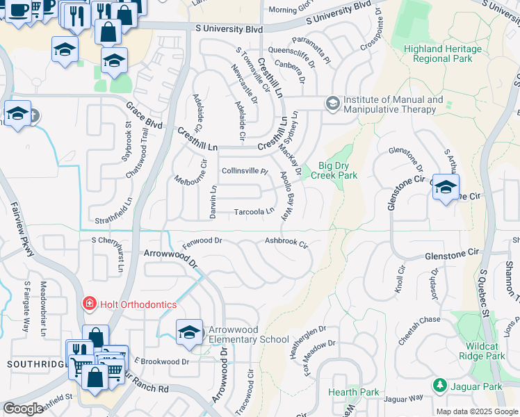 map of restaurants, bars, coffee shops, grocery stores, and more near 4903 Tarcoola Lane in Littleton