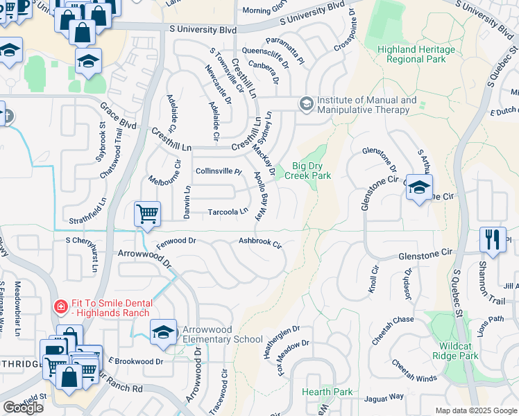 map of restaurants, bars, coffee shops, grocery stores, and more near 10049 Apollo Bay Way in Littleton