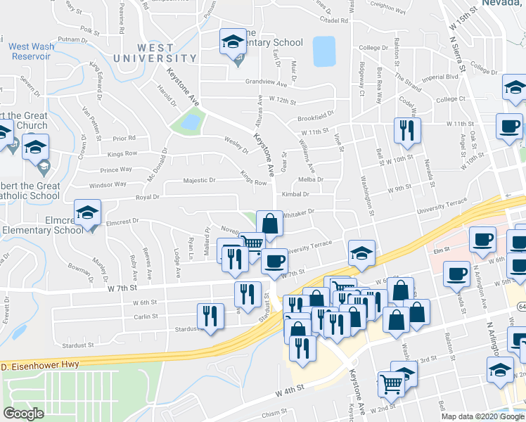 map of restaurants, bars, coffee shops, grocery stores, and more near 50 Irving Park Circle in Reno