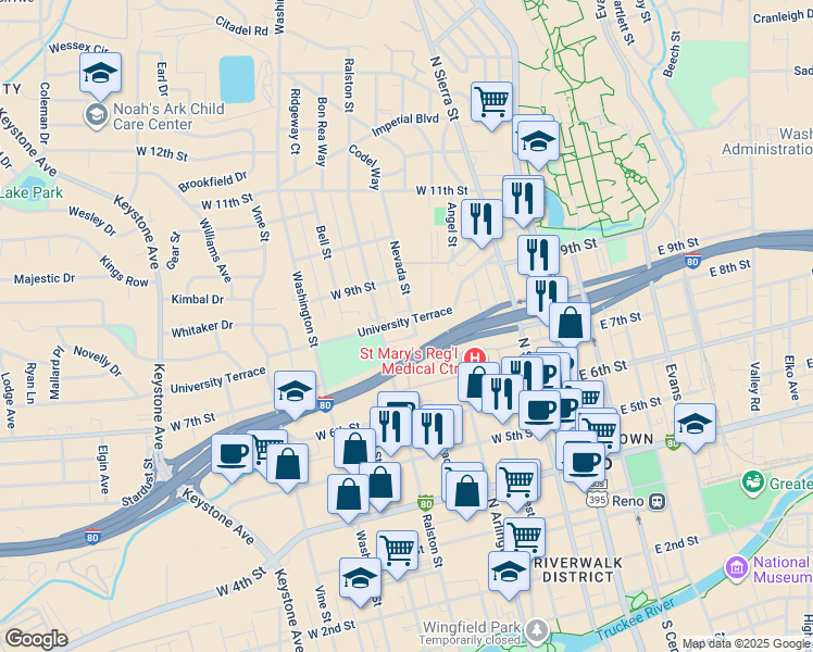 map of restaurants, bars, coffee shops, grocery stores, and more near 400 University Terrace in Reno