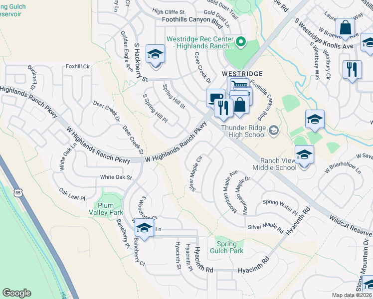 map of restaurants, bars, coffee shops, grocery stores, and more near 10068 Silver Maple Road in Littleton