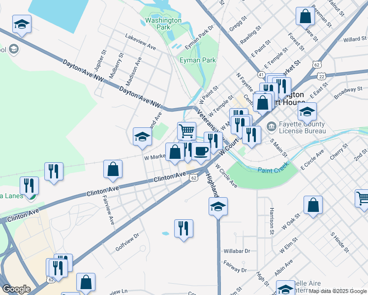 map of restaurants, bars, coffee shops, grocery stores, and more near 548 Clinton Avenue in Washington Court House