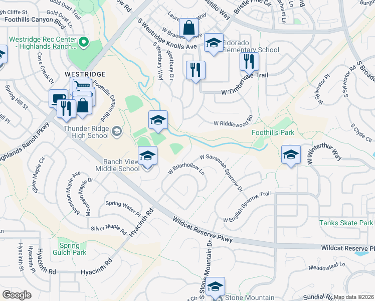 map of restaurants, bars, coffee shops, grocery stores, and more near 10022 South Cedaridge Way in Littleton