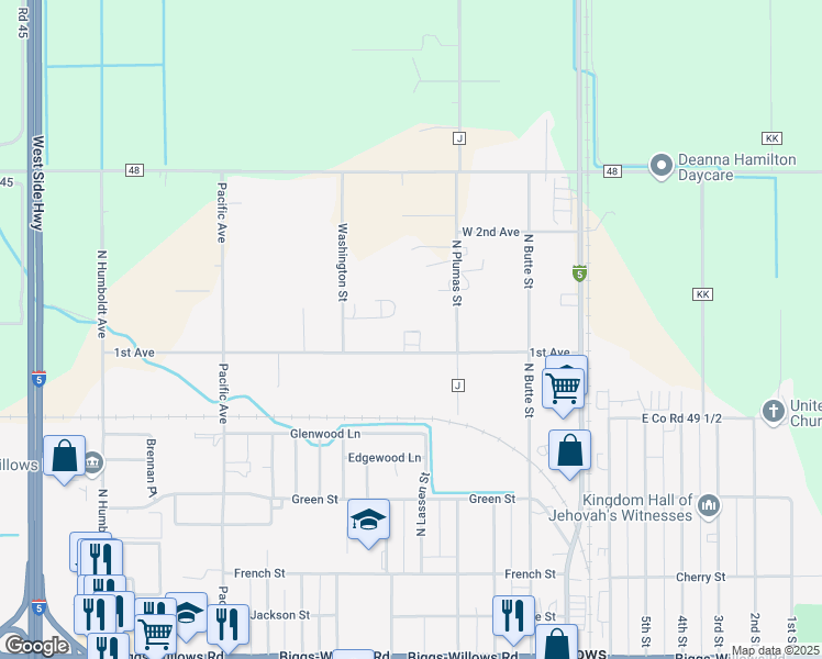map of restaurants, bars, coffee shops, grocery stores, and more near in Willows
