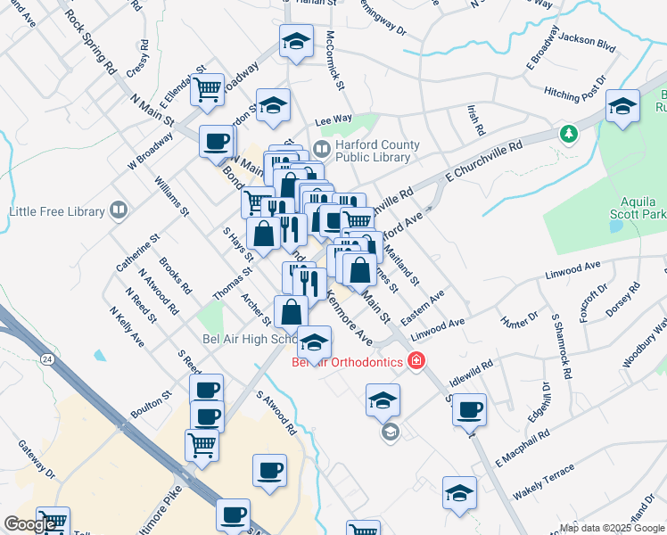 map of restaurants, bars, coffee shops, grocery stores, and more near 220 South Main Street in Bel Air