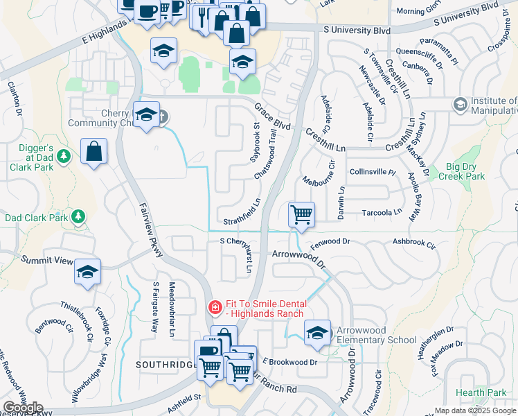 map of restaurants, bars, coffee shops, grocery stores, and more near 10061 Heywood Lane in Littleton