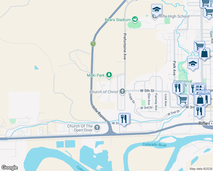 map of restaurants, bars, coffee shops, grocery stores, and more near 674 Mesa Court in Rifle