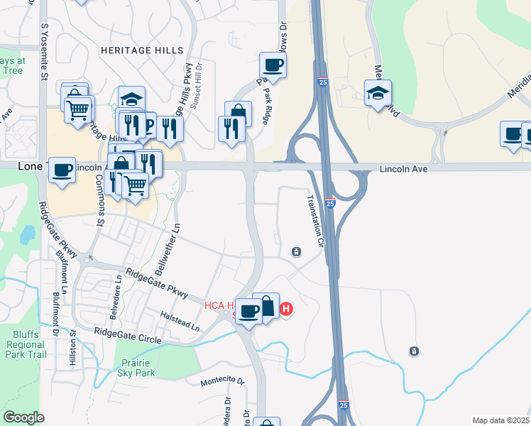 map of restaurants, bars, coffee shops, grocery stores, and more near 9980 Trainstation Circle in Lone Tree