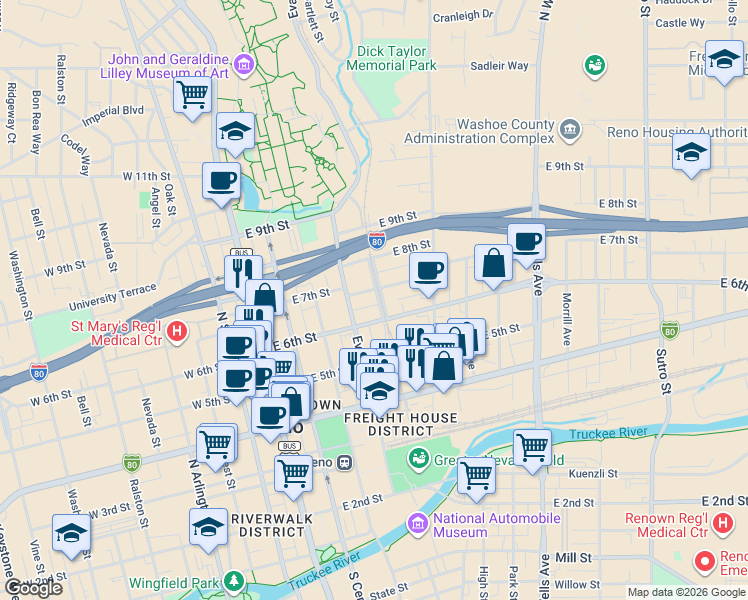 map of restaurants, bars, coffee shops, grocery stores, and more near 310 East 7th Street in Reno