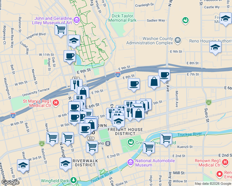 map of restaurants, bars, coffee shops, grocery stores, and more near 310 East 7th Street in Reno