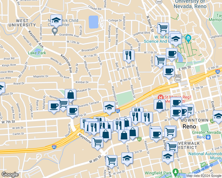 map of restaurants, bars, coffee shops, grocery stores, and more near 810 Whitaker Drive in Reno