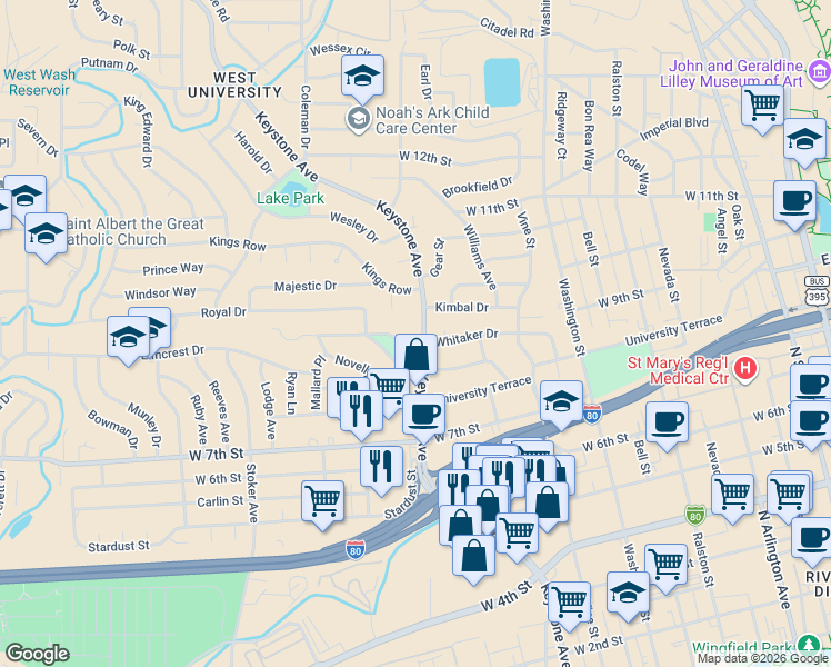 map of restaurants, bars, coffee shops, grocery stores, and more near 50 Irving Park Circle in Reno