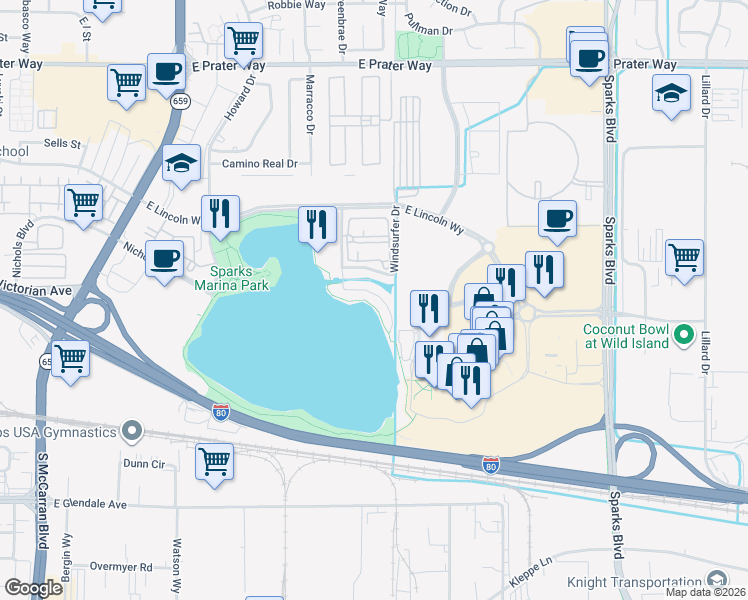 map of restaurants, bars, coffee shops, grocery stores, and more near 1157 Harbour Cove Court in Sparks