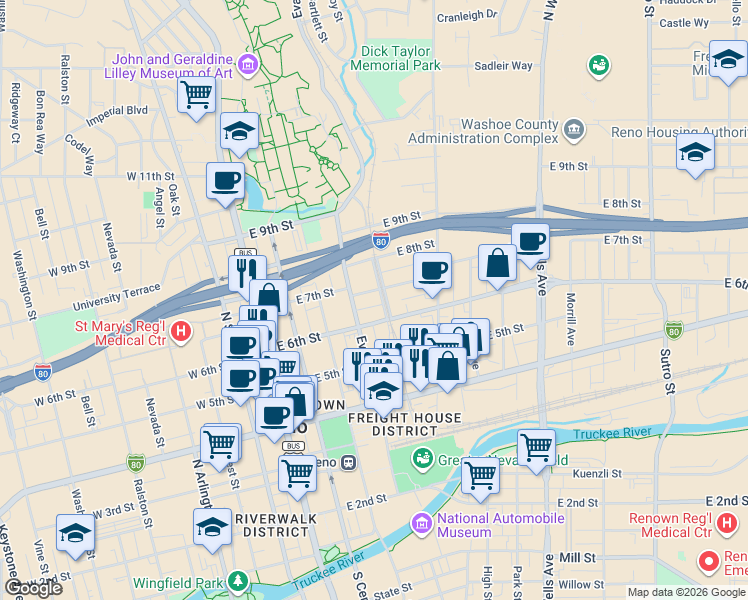 map of restaurants, bars, coffee shops, grocery stores, and more near 310 East 7th Street in Reno