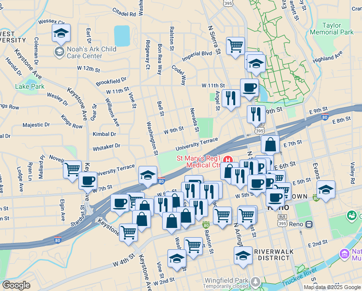 map of restaurants, bars, coffee shops, grocery stores, and more near 803 Ralston Street in Reno