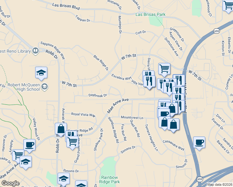 map of restaurants, bars, coffee shops, grocery stores, and more near 5411 Daybreak Drive in Reno