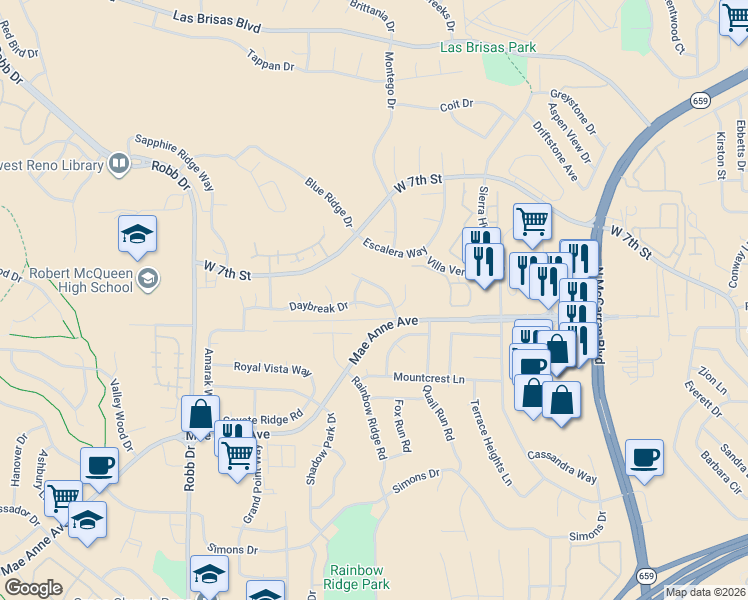 map of restaurants, bars, coffee shops, grocery stores, and more near 5411 Daybreak Drive in Reno
