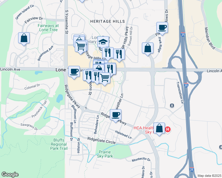 map of restaurants, bars, coffee shops, grocery stores, and more near 10020 Commons Street in Lone Tree
