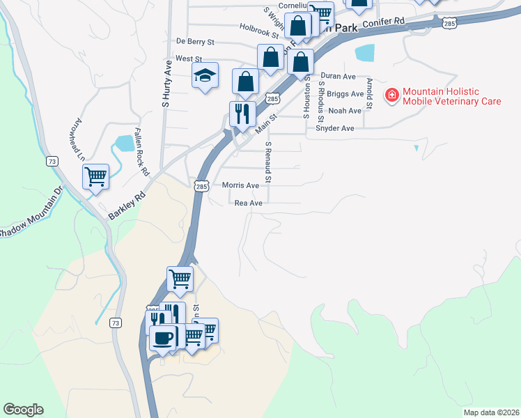 map of restaurants, bars, coffee shops, grocery stores, and more near 26196 Rea Avenue in Conifer