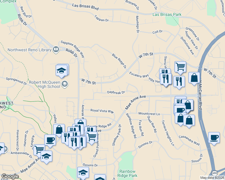 map of restaurants, bars, coffee shops, grocery stores, and more near 1900 Celestial Court in Reno