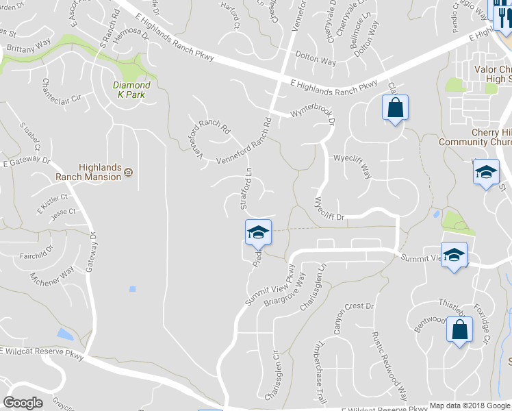 map of restaurants, bars, coffee shops, grocery stores, and more near 2364 East Stratford Court in Littleton