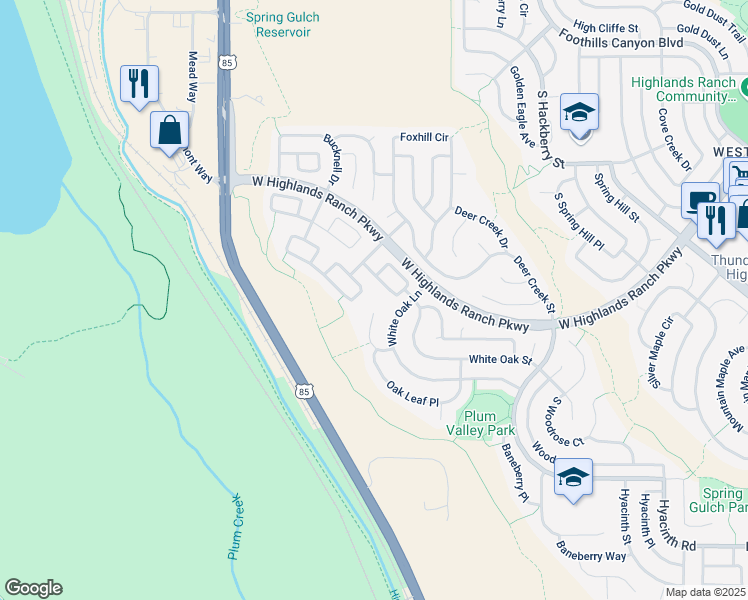 map of restaurants, bars, coffee shops, grocery stores, and more near 10003 South Oak Leaf Way in Littleton