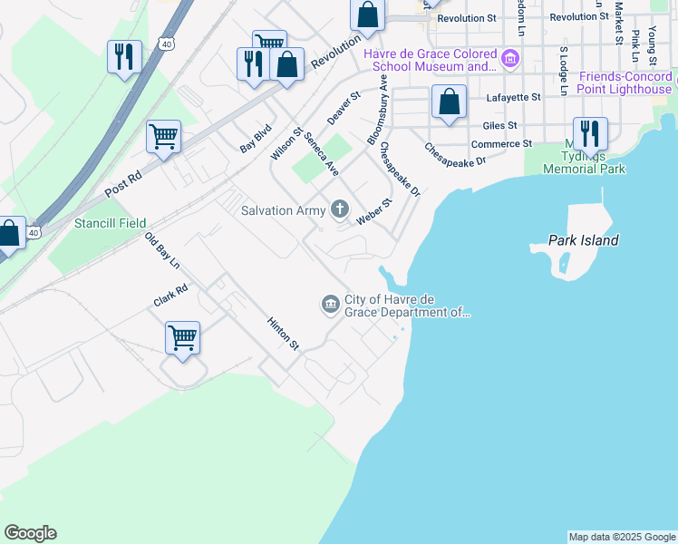 map of restaurants, bars, coffee shops, grocery stores, and more near 1138 Chesapeake Drive in Havre de Grace