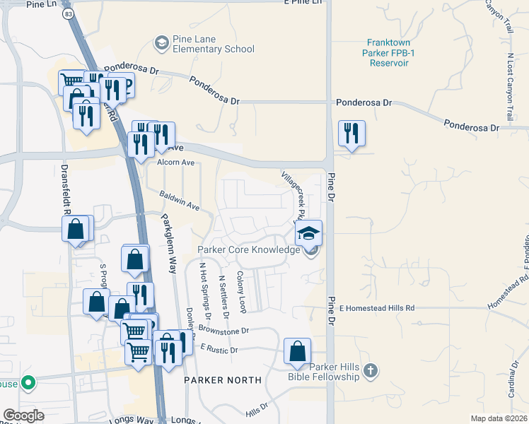 map of restaurants, bars, coffee shops, grocery stores, and more near in Parker