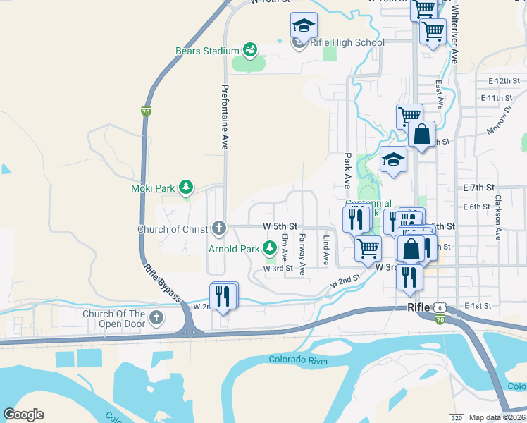map of restaurants, bars, coffee shops, grocery stores, and more near 500 Wamsley Way in Rifle