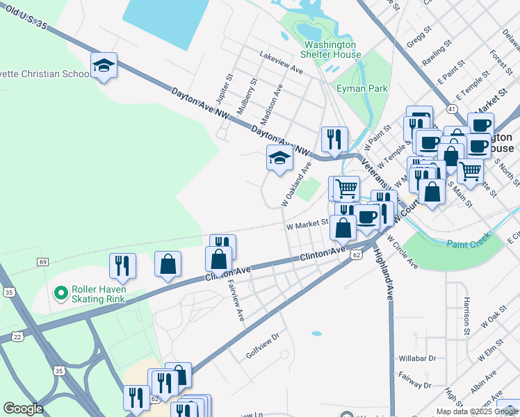 map of restaurants, bars, coffee shops, grocery stores, and more near 918 Westward Avenue in Washington Court House