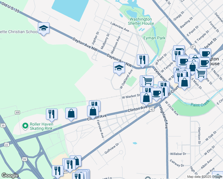 map of restaurants, bars, coffee shops, grocery stores, and more near 918 Westward Avenue in Washington Court House