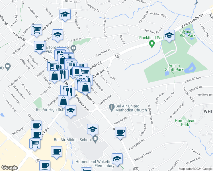 map of restaurants, bars, coffee shops, grocery stores, and more near 410 Giles Street in Bel Air