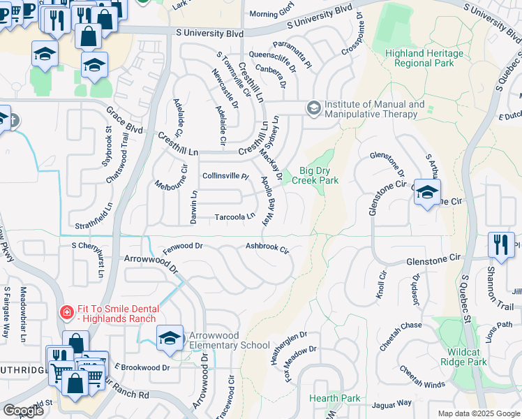 map of restaurants, bars, coffee shops, grocery stores, and more near 10049 Apollo Bay Way in Littleton