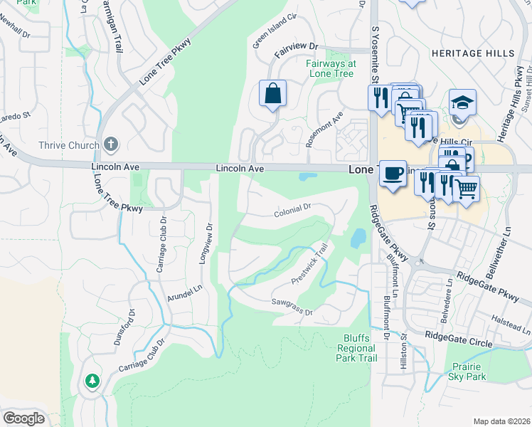map of restaurants, bars, coffee shops, grocery stores, and more near 8358 Colonial Drive in Lone Tree