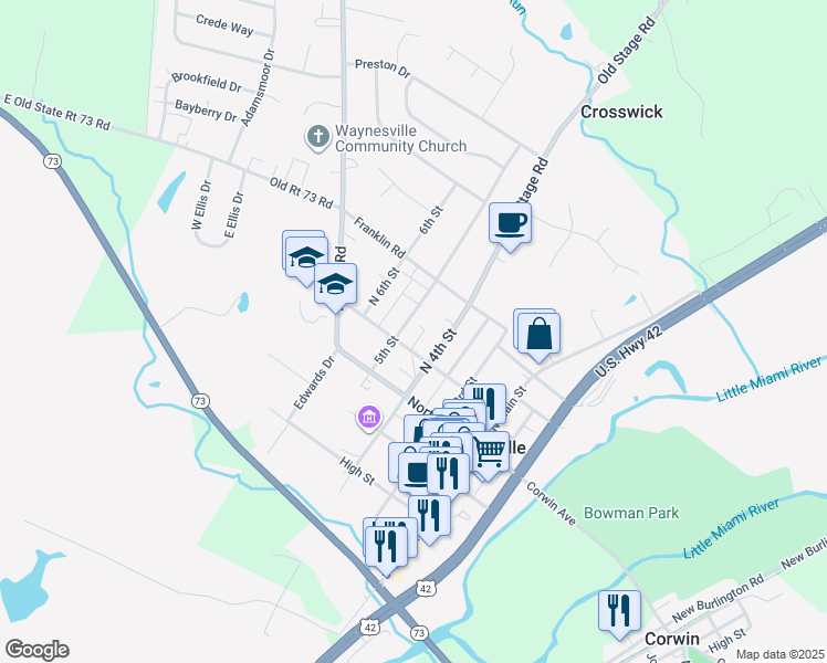 map of restaurants, bars, coffee shops, grocery stores, and more near 498 Chapman Street in Waynesville