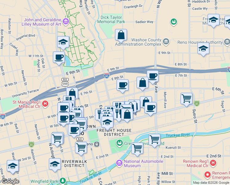 map of restaurants, bars, coffee shops, grocery stores, and more near 650 Record Street in Reno