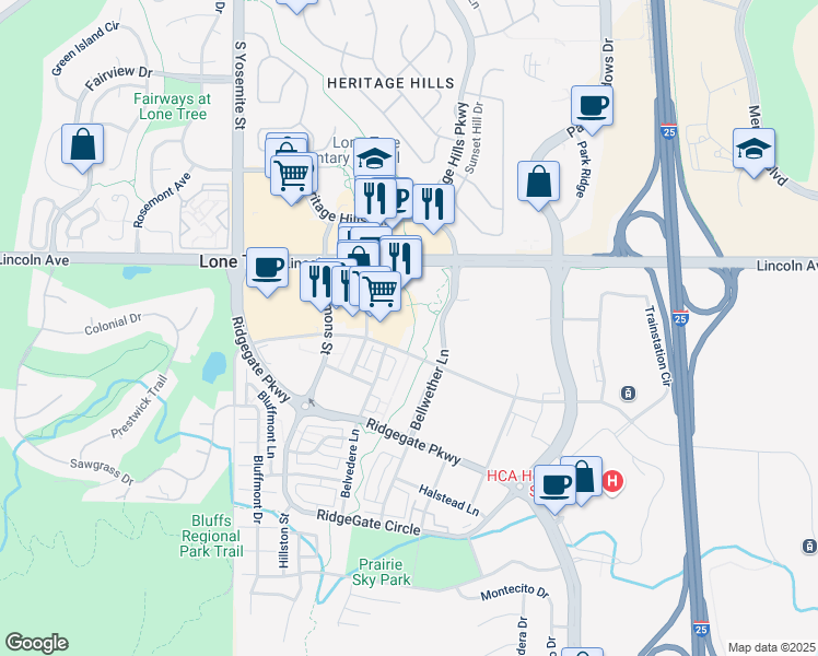 map of restaurants, bars, coffee shops, grocery stores, and more near 10020 Commons Street in Lone Tree