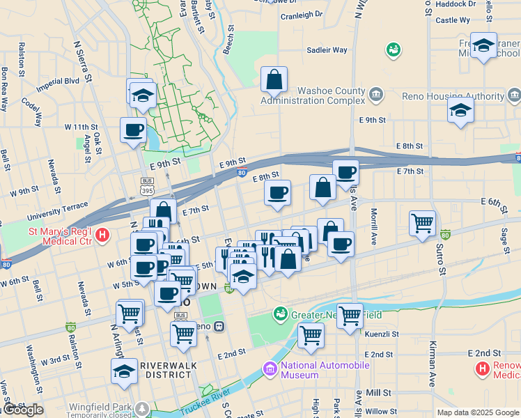 map of restaurants, bars, coffee shops, grocery stores, and more near 650 Record Street in Reno
